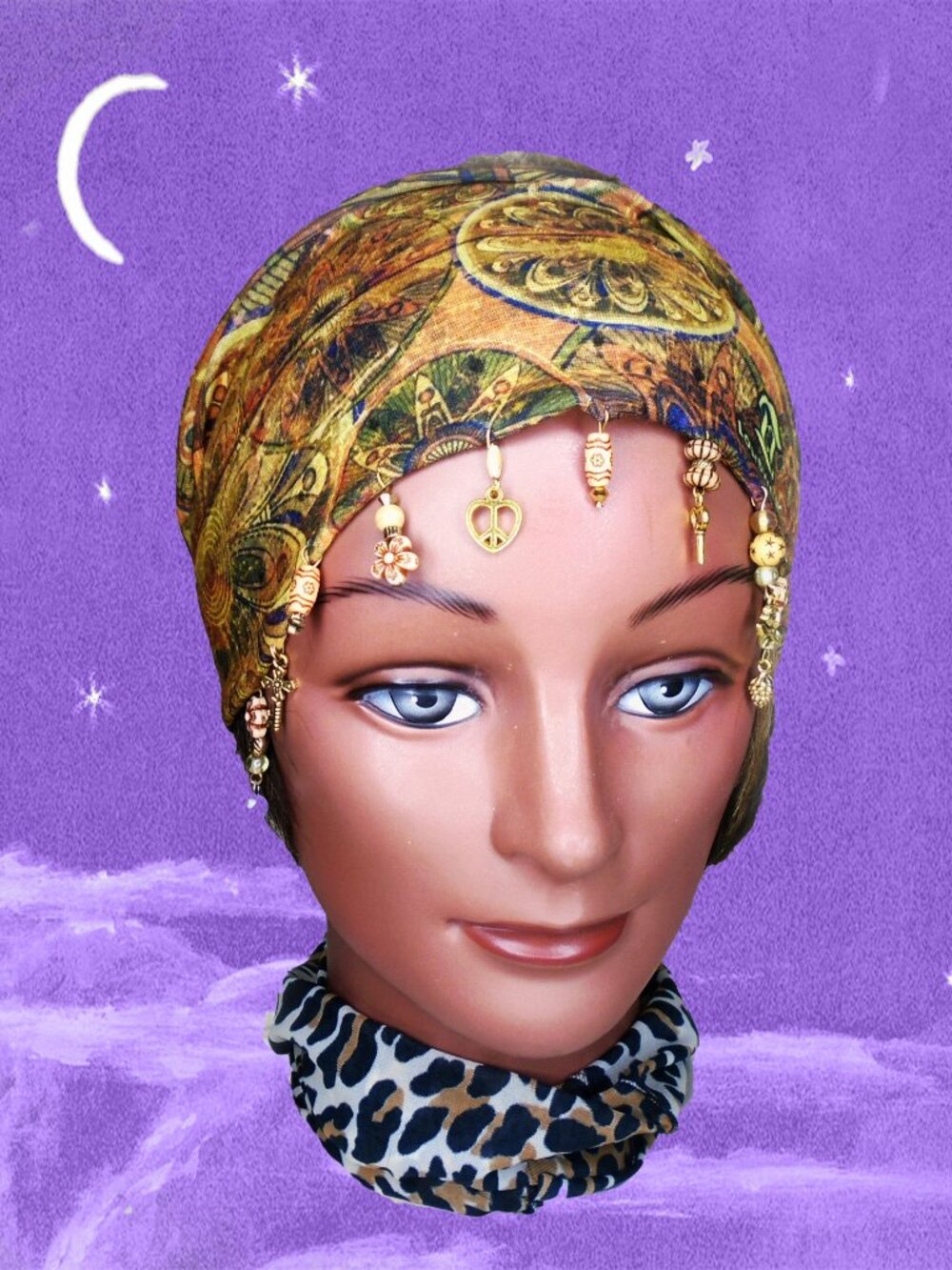 Beaded Headband Turkish Kashan STYLE Head Wrap OOAK Demil Scarf - Beads & Charms